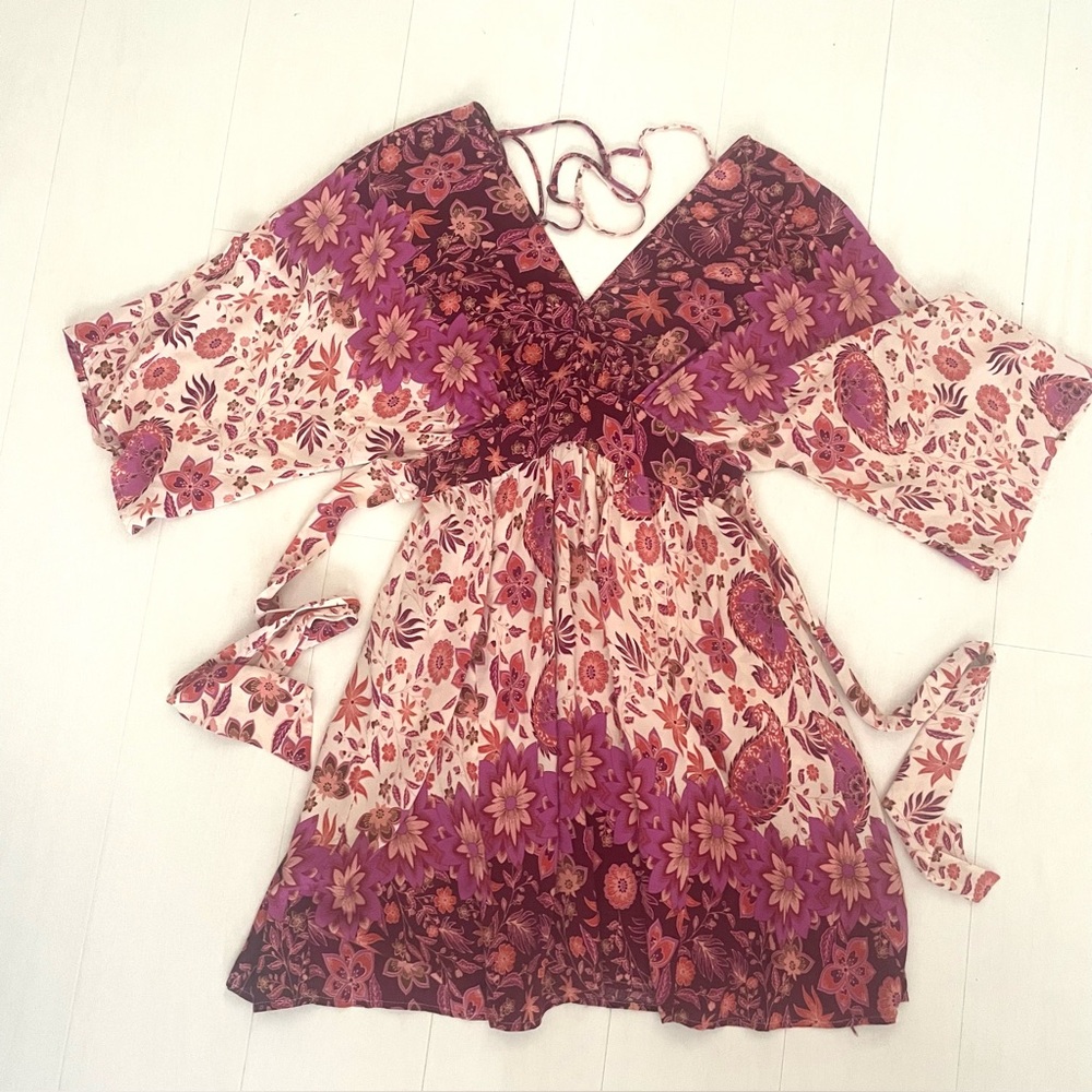 ANTHROPOLOGIE AAKAA Floral V-Neck Kimono Babydoll Mini Dress Pink Red Boho, M - Picture 4 of 17